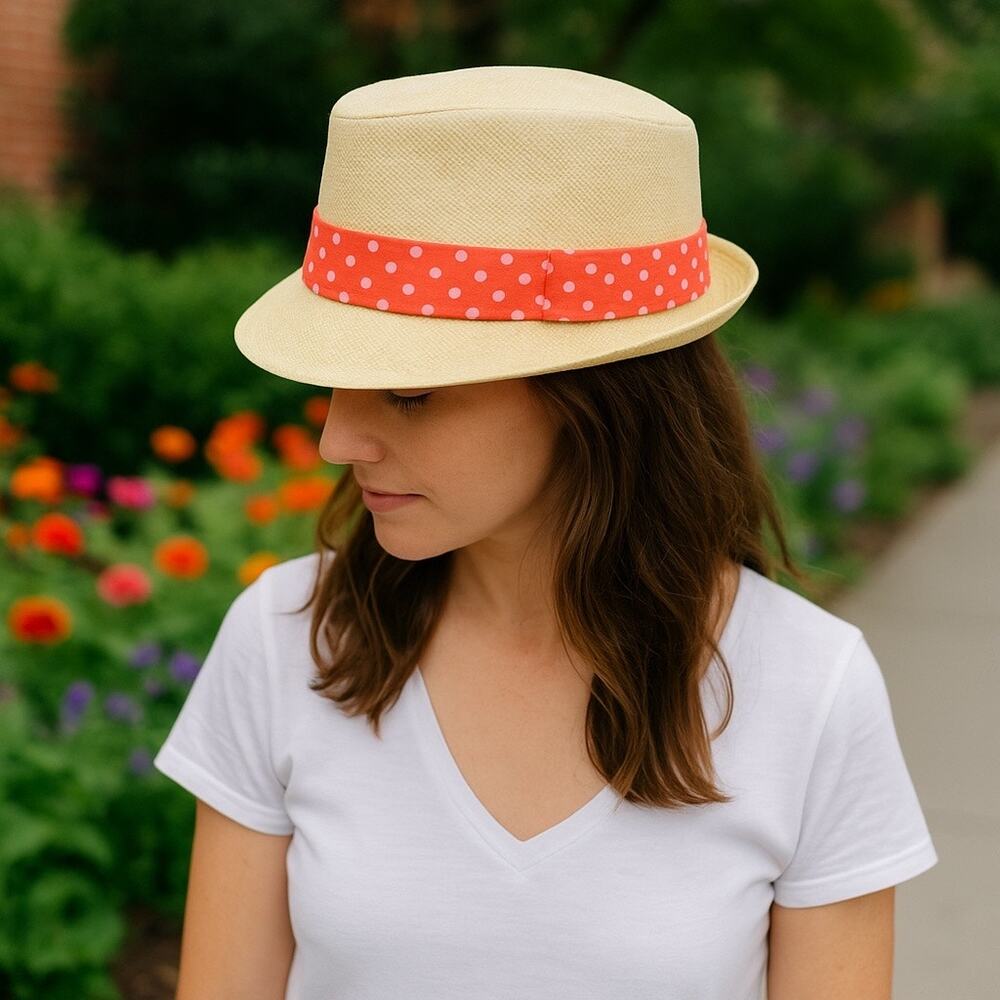 Vintage Natural Straw Fedora Hat Coral White Polka Dot Band 60s Union Made OS